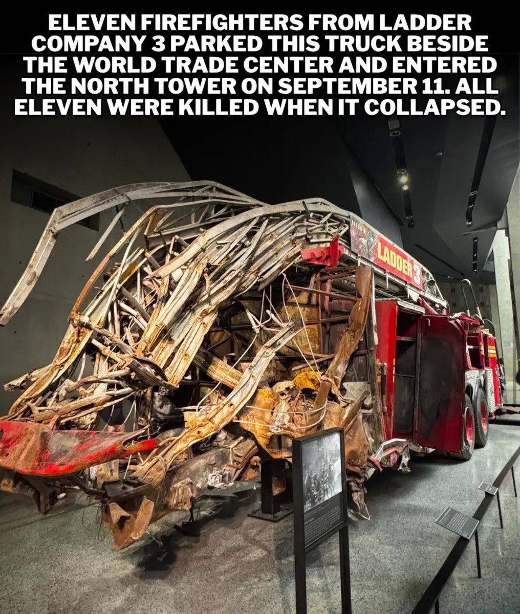 MilitaryCooI's tweet photo. On the morning of September 11, 2001, eleven firefighters from FDNY Ladder Company 3 responded to the World Trade Center in this truck. Some had already finished overnight shifts but joined the response. 

They began climbing the tower, carrying equipment toward people trapped above. Captain Brown and members of Ladder 3 reached at least the 35th floor. At 10:28 a.m., the North Tower collapsed. All eleven members of Ladder Company 3 who had entered the building were kill*d.

The truck was recovered from Ground Zero and eventually preserved by the 9/11 Memorial Museum. The truck came back, its eleven firefighters never did.