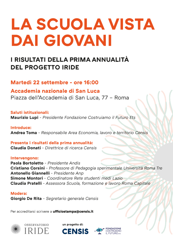 FonteCensis's tweet photo. L’iniziativa è dedicata alla presentazione dei risultati della prima annualità del progetto Iride – La scuola vista dai giovani. Il progetto nasce con l’obiettivo di approfondire, attraverso la voce diretta delle nuove generazioni, alcuni temi centrali per il presente e il futuro del sistema scolastico italiano. Nel corso della prima annualità sono state realizzate tre ricerche su: l’orientamento scolastico e le scelte di studio e di lavoro; la valutazione degli apprendimenti; il benessere a scuola.

🗓️Martedì 22 settembre, ore 16:00
📍Accademia nazionale di San Luca
Piazza Accademia di S. Luca, 77

Per saperne di più: https://t.co/ybQRGRa3dY