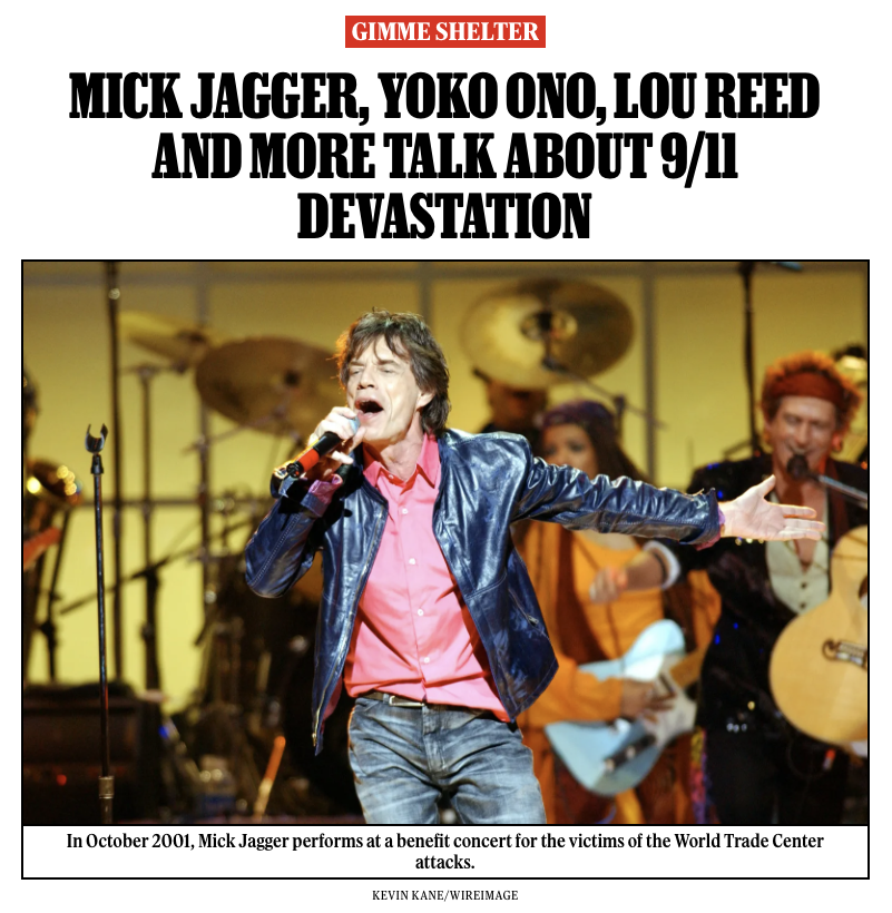 RollingStone's tweet photo. “I’m not leaving New York. And neither is anyone else. We’re here. We are quintessential Americans – we’re not only American but New York-American.”

In the weeks after the attacks, artists like Mick Jagger, Yoko Ono, and Lou Reed reflected on how their lives had already changed.

Read: https://t.co/LgZpSgdU2f