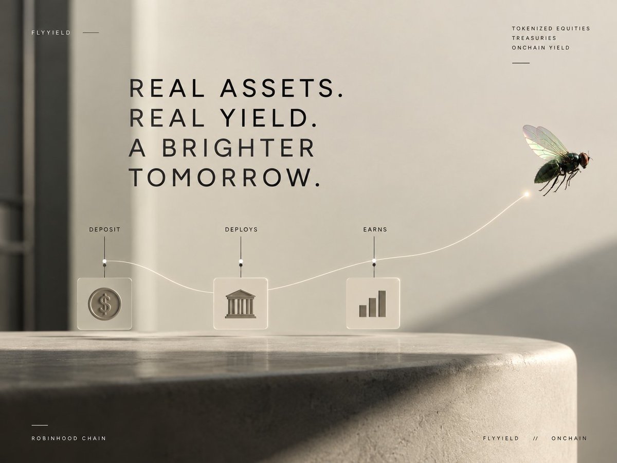 FlyYield's tweet photo. From deposit to yield, the journey should be understandable.

FlyYield connects a user’s deposit to an onchain treasury, where capital is designed to work across tokenized equities and short-term Treasuries on Robinhood Chain. The fly represents the position as it moves through that system.

Deposit becomes deployment. Deployment becomes earnings. Earnings keep the fly in flight.

The interface is simple by design. The infrastructure underneath is where the real work happens.