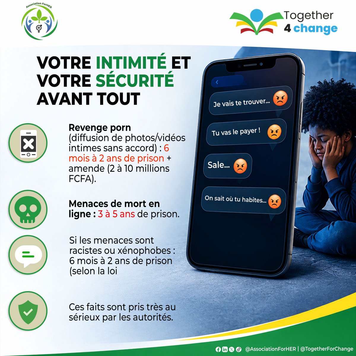 AssoForher's tweet photo. Et bien chers amis, nous avons parcouru les formes de cyberviolences, appris à les identifier et découvert les bons réflexes pour mieux s'en protéger.
Alors, que dit la loi concrètement ? Auteur de cyberviolences, quelles sont les peines encourues ? Victime ou témoin, que faire? https://t.co/8QJ1YTFUAQ