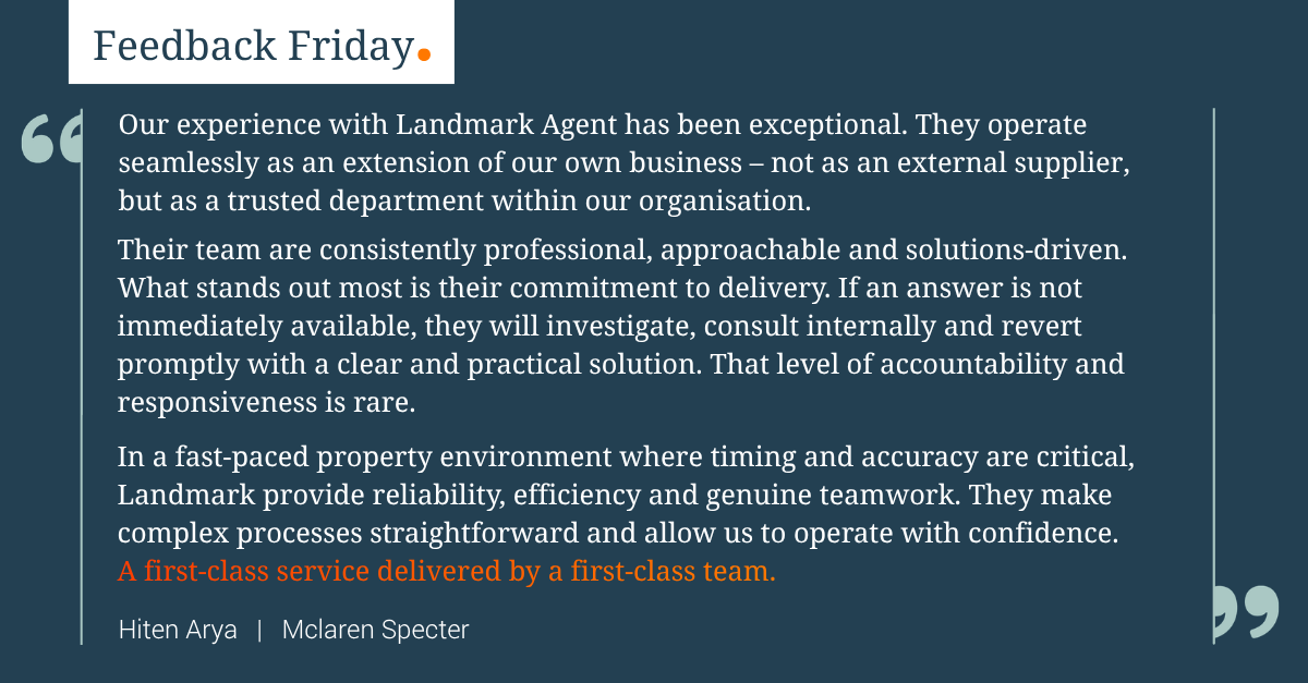 LandmarkEAS's tweet photo. It's Feedback Friday 🌟

"A first-class service delivered by a first-class team."

Thanks to Hiten Arya at Mclaren Specter for the great feedback and continued trust in #LandmarkAgent. https://t.co/sVr0P5S1pz