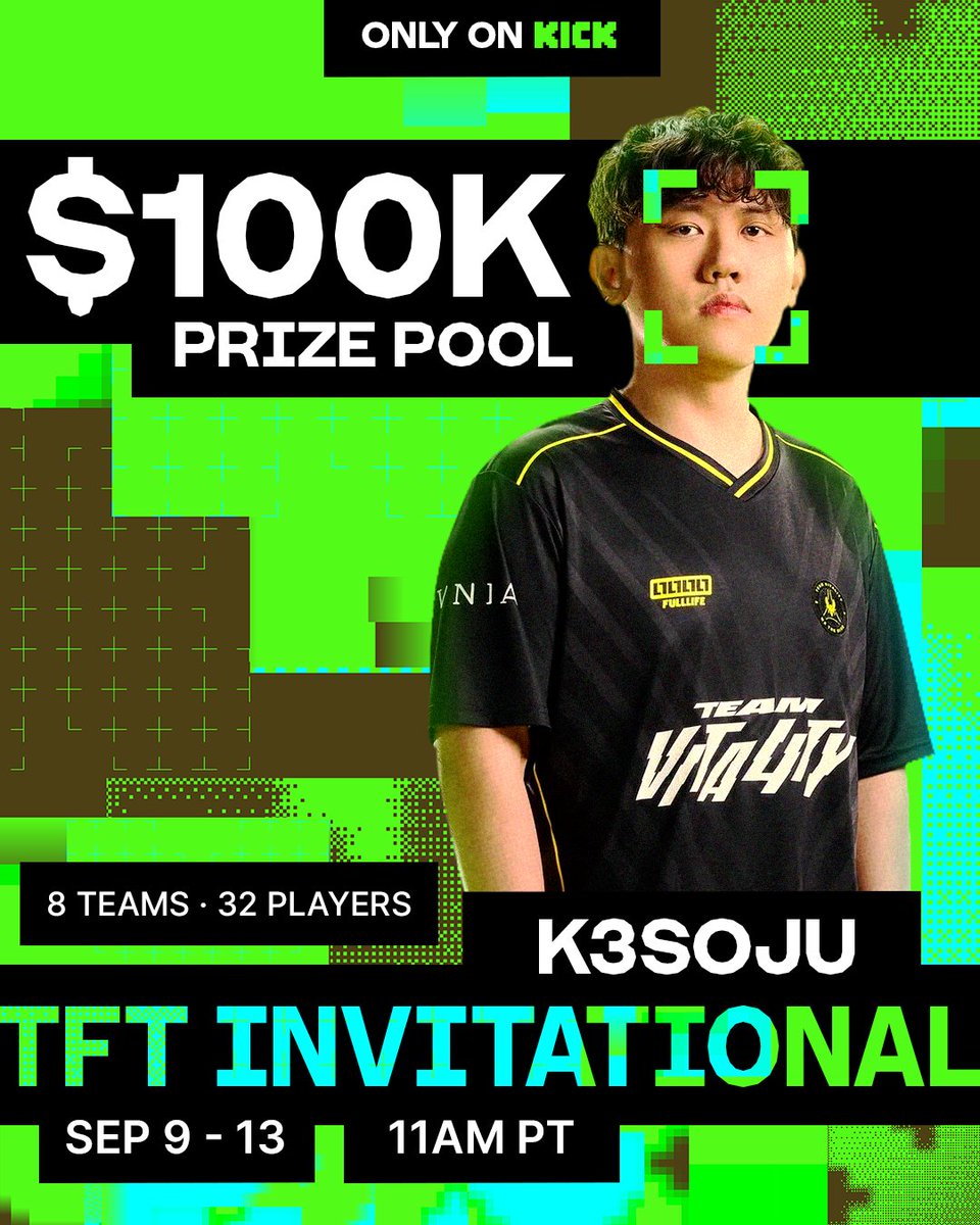 kick's tweet photo. 32 TFT streamers. $100,000 prize pool. only on kick. https://t.co/nzymYH6Pm6