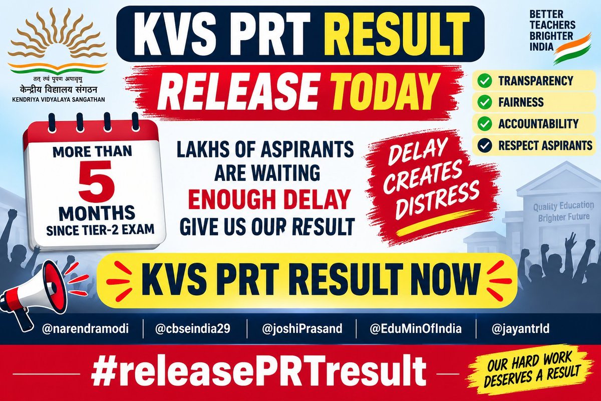 Delhi_Artists's tweet photo. NO MORE DELAY.
NO MORE SILENCE.
NO MORE UNCERTAINTY.
KVS PRT candidates have waited 5.5 months.
CBSE, RELEASE THE RESULT NOW.
#ReleaseKVSPRTResult
#Release_KVS_PRT_Tier2_Result
#KVSPRTTier2Result #ReleaseKVSPRTResult #KVSResult #PRT #KVSRecruitment https://t.co/pox5EsuMKN