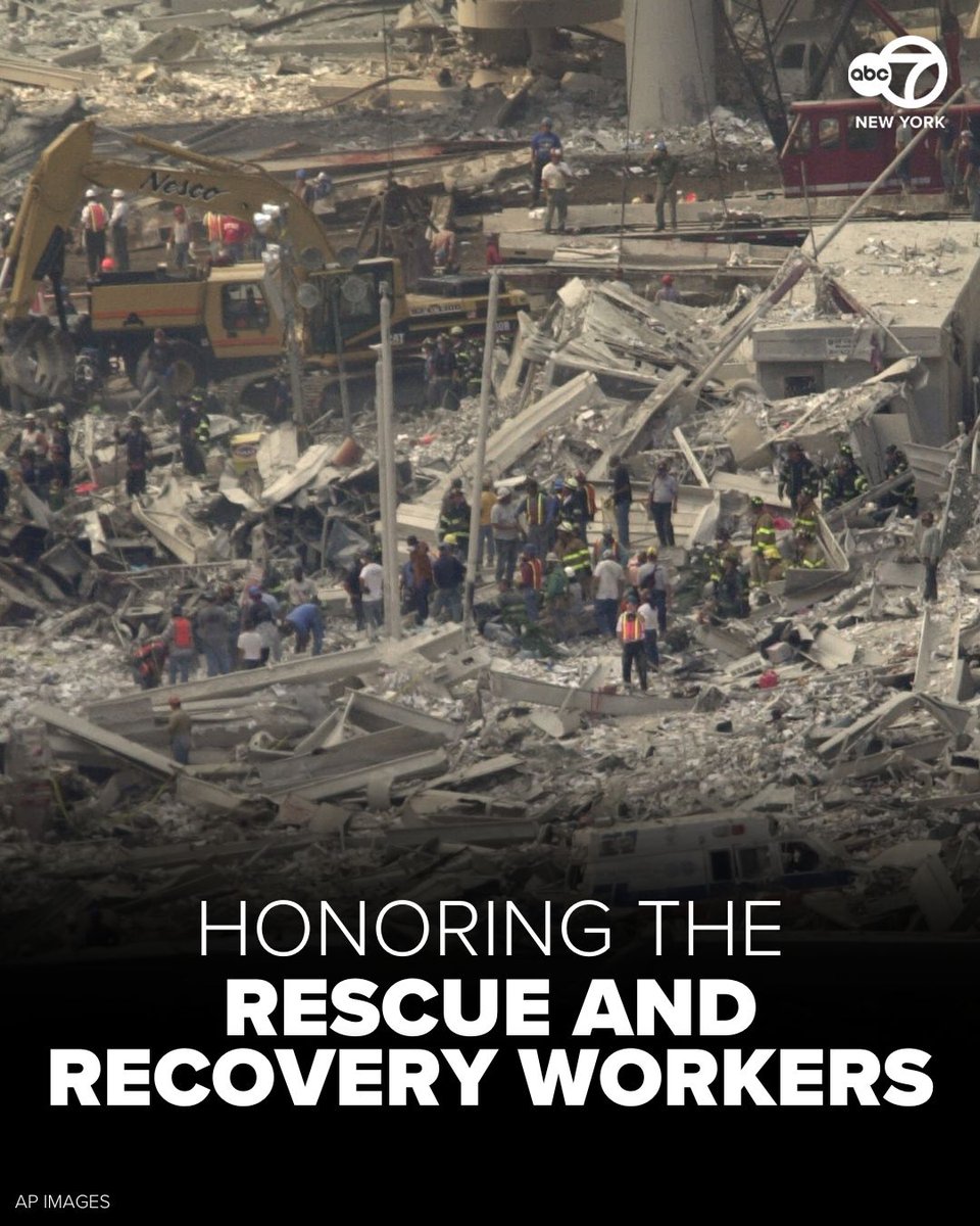 ABC7NY's tweet photo. On 9/11 and for many months after, they worked at Ground Zero, on the pile, as it was called, at great personal sacrifice. Their dedication in the aftermath of the attack has cost many their health and even their lives, long after 9/11. Today, 25 years after the attack, we salute their bravery and sacrifice. Watch today's ceremony: https://t.co/EJCDR5TIcn