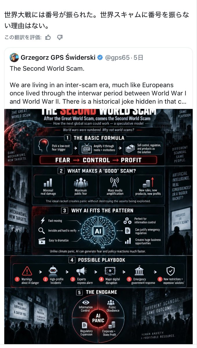 Be2SiO4_'s tweet photo. The Second World Scam

「第2の世界規模の詐欺
COVIDは最初の世界規模の詐欺だった。
AIに関する恐怖を煽る動きは、
おそらく第2の詐欺となるだろう」 https://t.co/ggsV6N2a7s