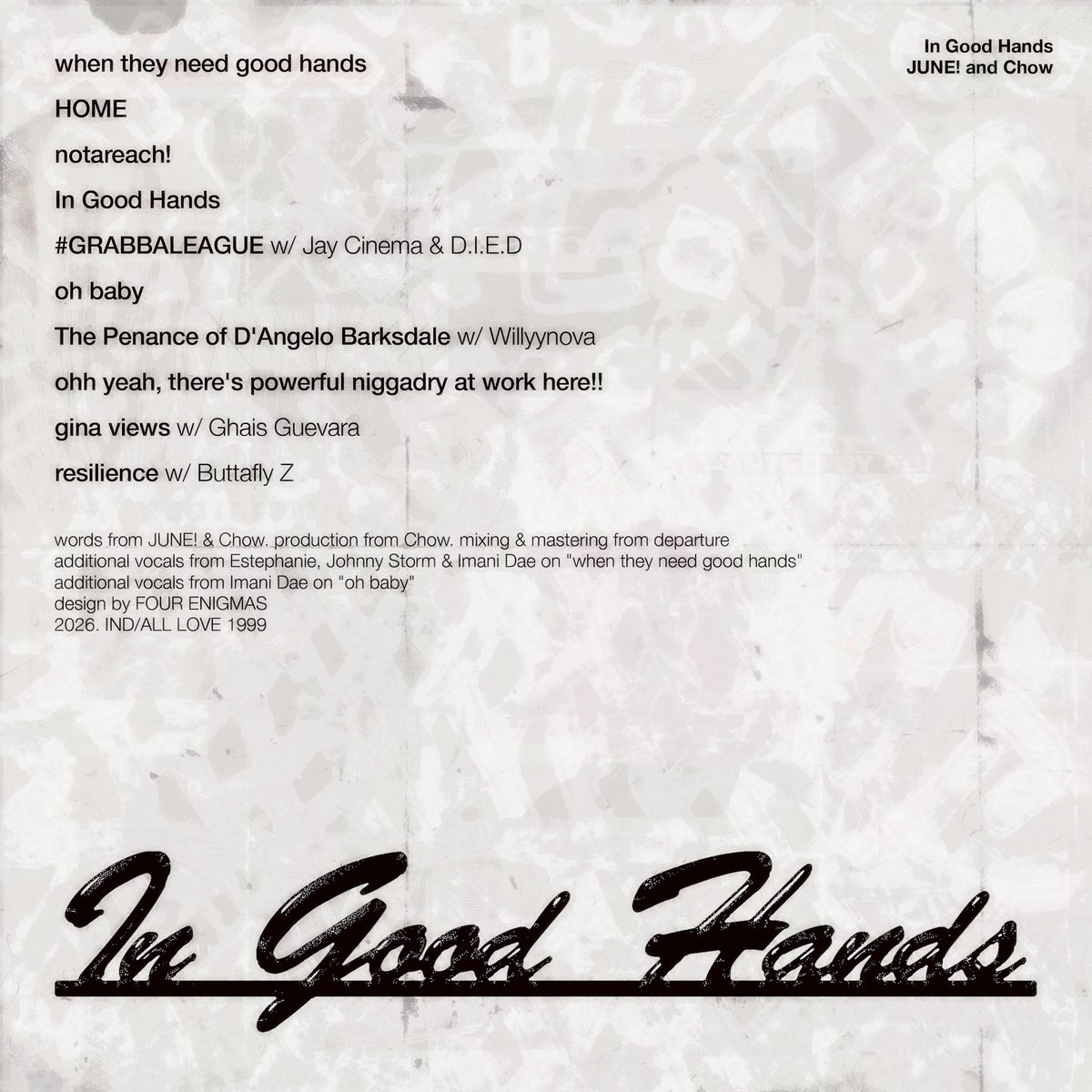 juneayth's tweet photo. 🤲🏾🤲🏾🤲🏾🤲🏾🤲🏾

"In Good Hands", an album from JUNE! &amp; Chow @Chowy_Mein 

out now courtesy of @illnevahdie_ via @big_ass_kids 

assistance from family @JayCinemaa, D.I.E.D, @willyynova, @GhaisUpdates &amp; @zvkiv https://t.co/YBXUrro0o6