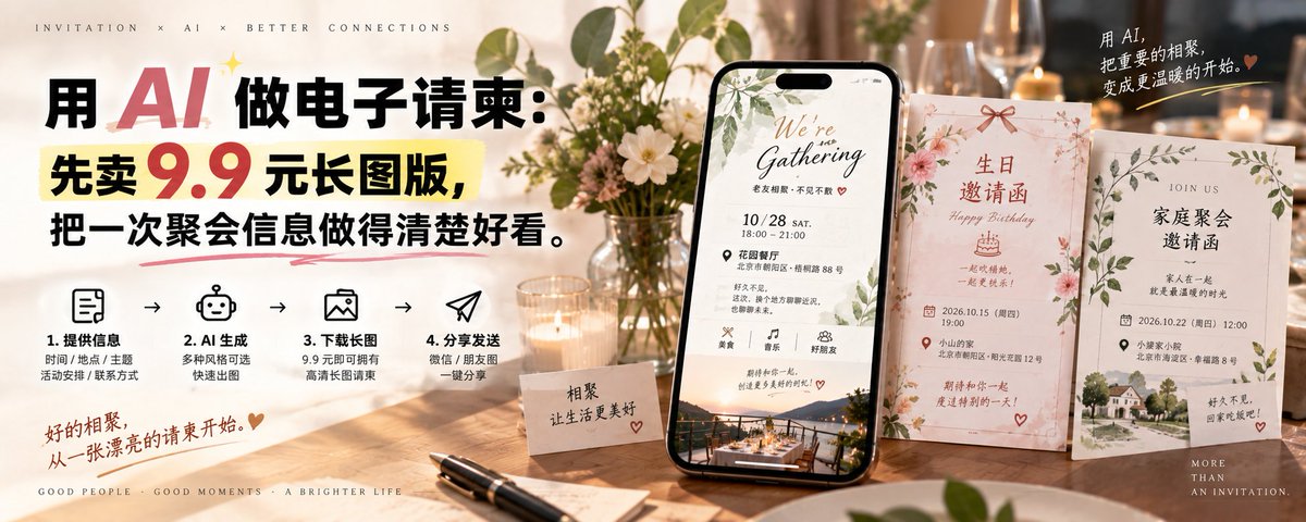 用 AI 做电子请柬:先卖 9.9 元长图版,把一次聚会信息做得清楚好看