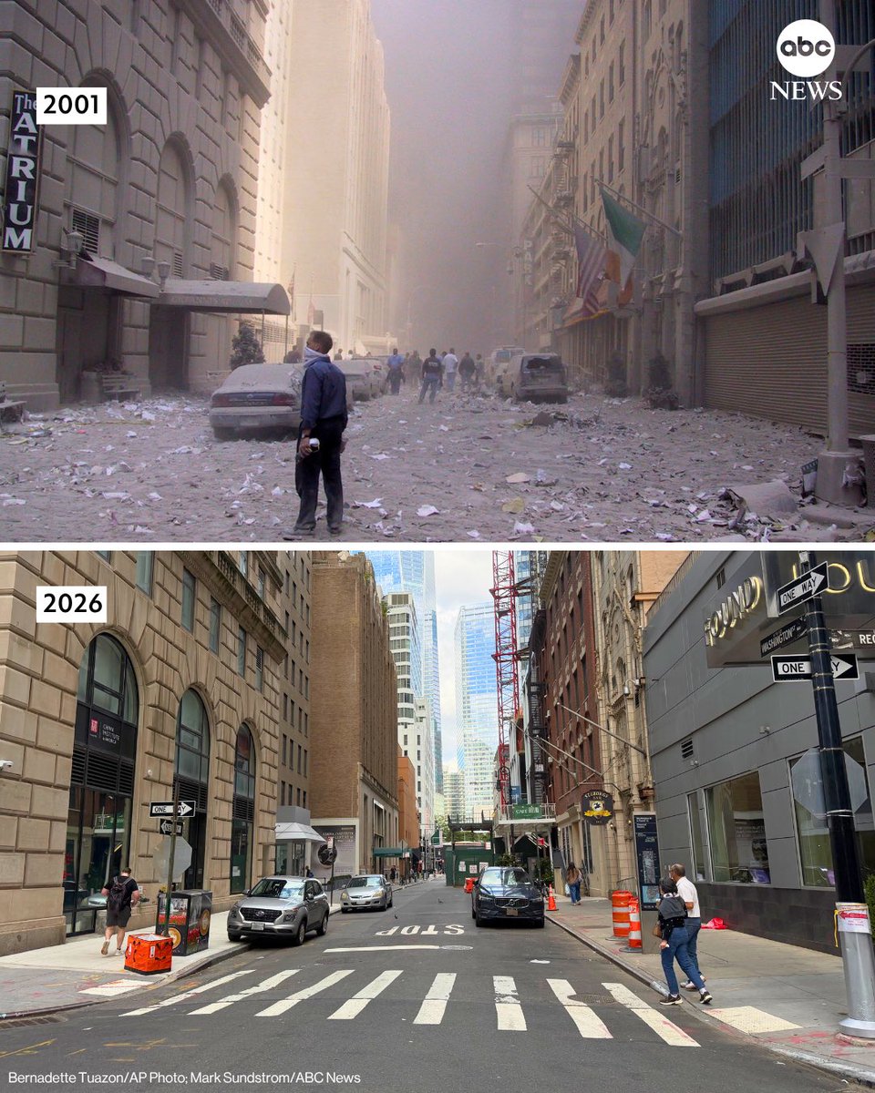 106th's tweet photo. I hit the streets for @ABC News to document how spots around the World Trade Center and Lower Manhattan have evolved in the 25 years since 9/11.

See more then &amp; now photos: https://t.co/s39rATGI6q https://t.co/iwYNJYAA94