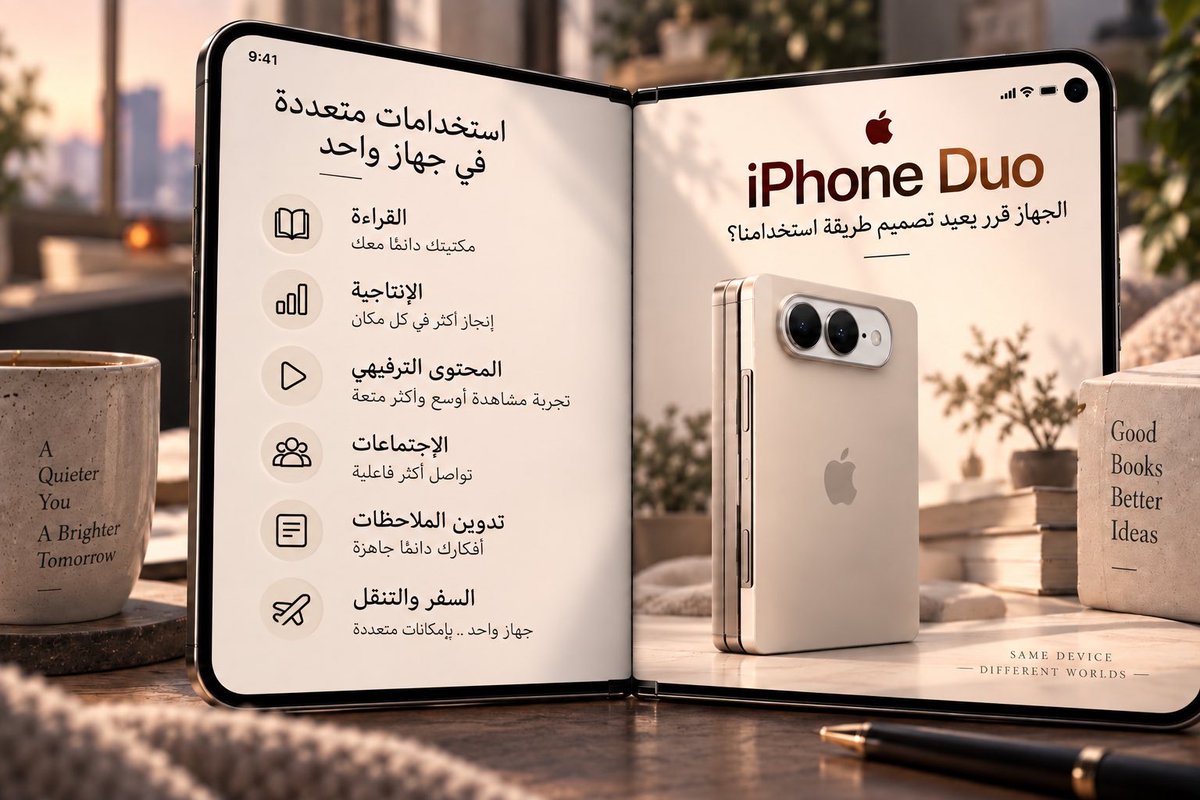TahanixD's tweet photo. إذا تحوّل الآيفون فعلًا من هاتف صغير إلى مساحة للقراءة، والاجتماعات، والإنتاجية والمحتوى، فالقصة لن تكون في شاشة تُطوى فقط، بل في الحدود التي بدأت تختفي بين الهاتف والتابلت وبقية أجهزتنا.

السؤال: هل نحتاج جهازًا لكل استخدام… أم جهازًا يعرف متى يتغيّر؟

#تهاني_داغستاني 
#مؤتمر_ابل #AppleEvent #iPhoneDuo