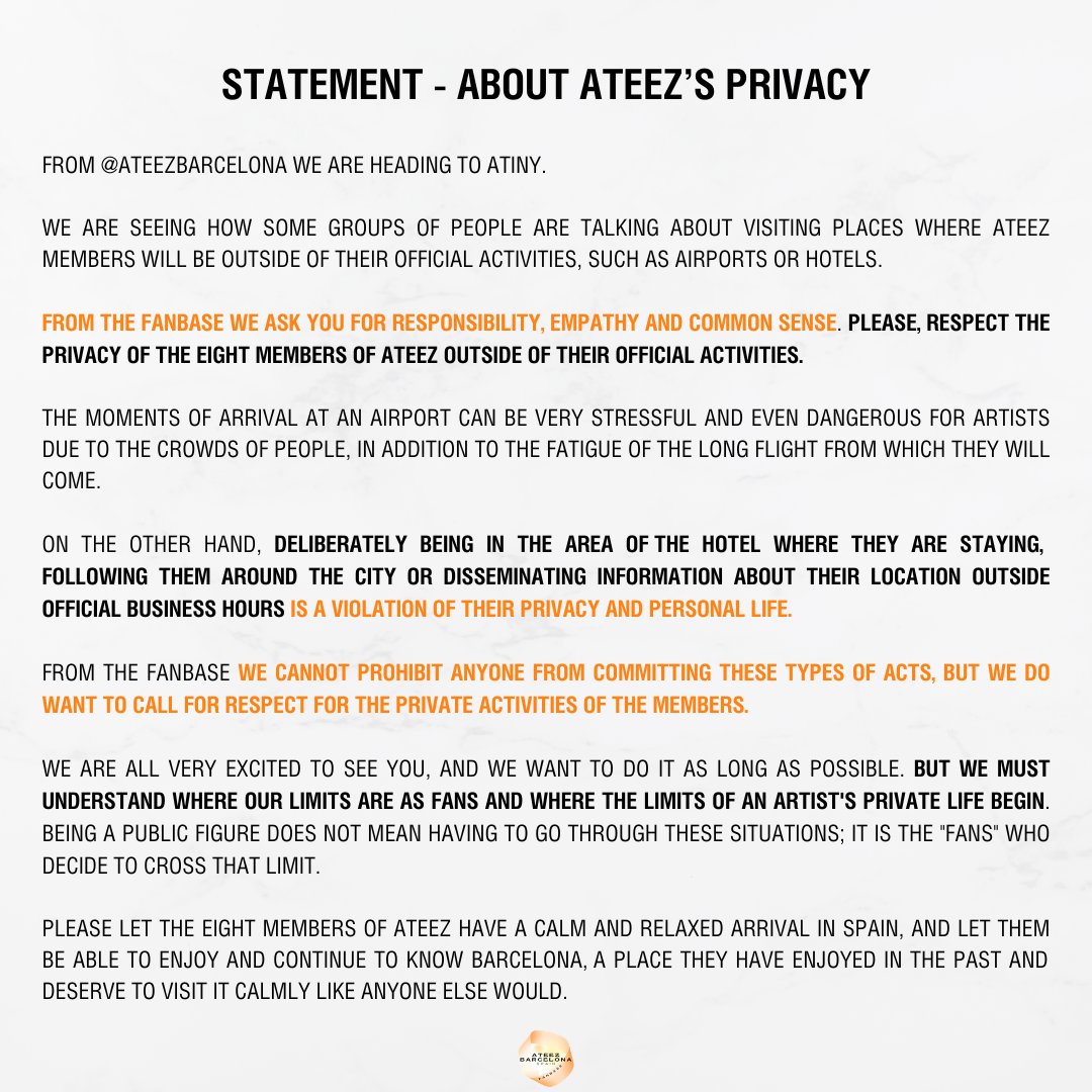 ateezbarcelona's tweet photo. 📣COMUNICADO SOBRE LA PRIVACIDAD DE ATEEZ/STATEMENT ABOUT ATEEZ'S PRIVACY

Respetemos la privacidad de ATEEZ fuera de horarios oficiales.

Let's respect ATEEZs privacy out of their official schedule.

#ATEEZ #ATEEZinBarcelona #MusicBankinBarcelona https://t.co/exAnA8V2JB