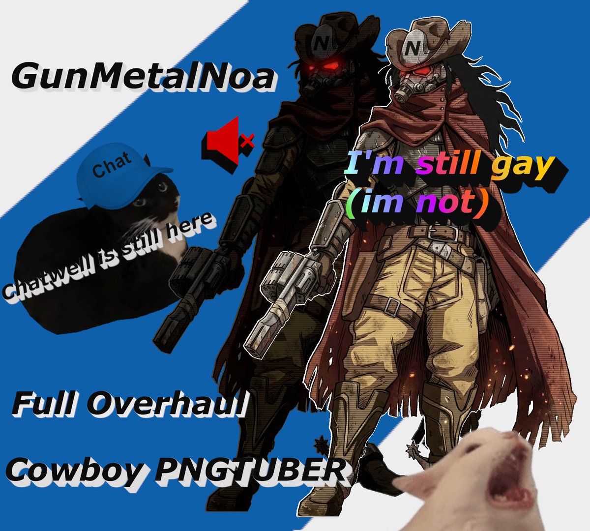GunMetalNoa's tweet photo. #twitch #brand #namechange #art #cowboy #pngtuber 
Heyo there, I am name changing and rebranding. I'll now be GunMetalNoa and this will be the main PNGtuber going forward. I've always wanted a corbow esq style tuber. I'm also from now on changing my voice to match the gas mask. https://t.co/sde3aCeBGF