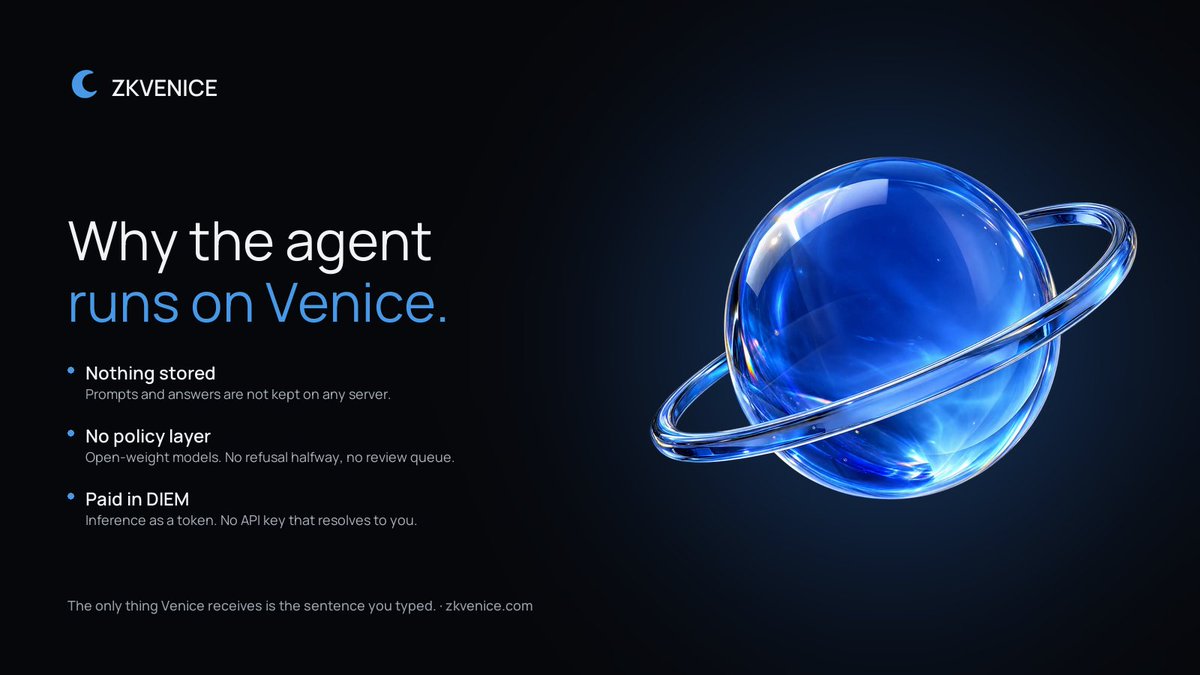 zkvenice's tweet photo. Why does $ZKVENICE plan on @AskVenice and not on any other API?

Because privacy on the chain is useless if the model that planned the trade remembers it.

Venice stores no prompts. Its open-weight models have no policy layer, so a task about private swaps never gets refused halfway.

The only thing Venice ever receives from us is the sentence you typed. Never your wallet.