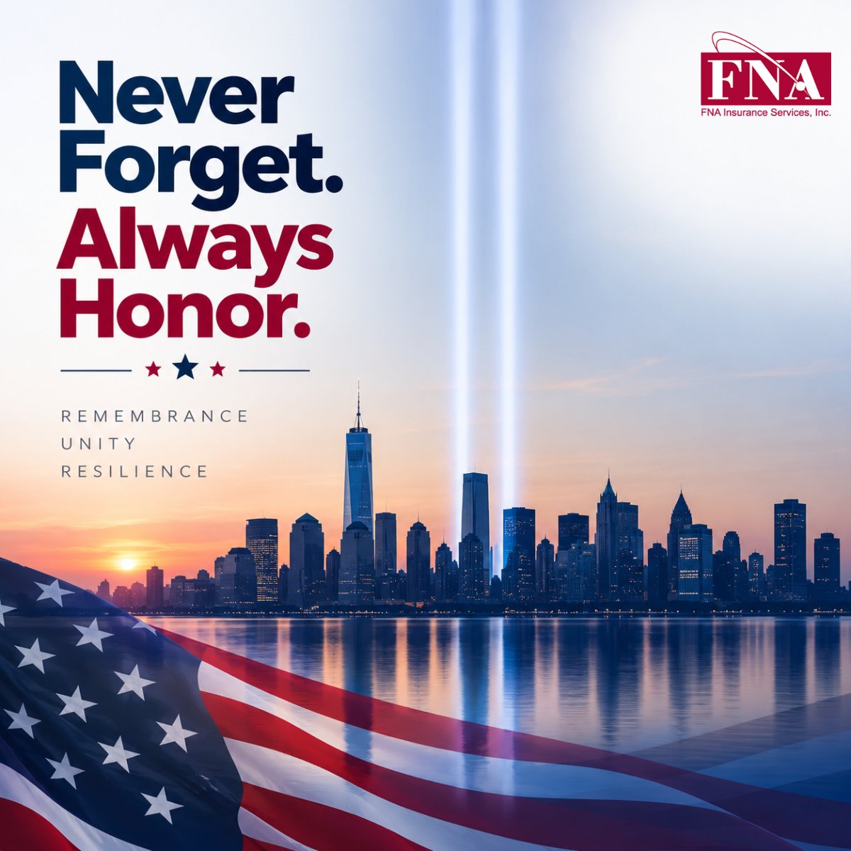 fnainsurance's tweet photo. Twenty-five years later, we remember. We honor the lives lost, the heroes who ran toward danger, and the resilience of a nation that stood together in the face of unimaginable tragedy. Today and always, never forget. #NeverForget #September11 https://t.co/O7kGriWYUE