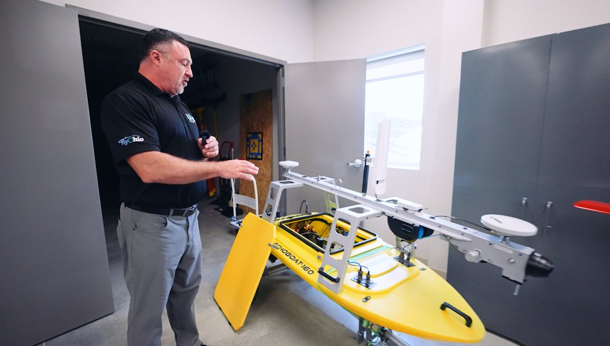 DriveOhio's tweet photo. Did you know that the DriveOhio UAS Center added a sonar-equipped boat to its fleet last year? The boat is used for inspecting underwater bridge piers using advanced sonar technology. Similar to the various drones the team operates, this boat reduces risks. #FridayinFlight #UAS https://t.co/SEwDg37c9f
