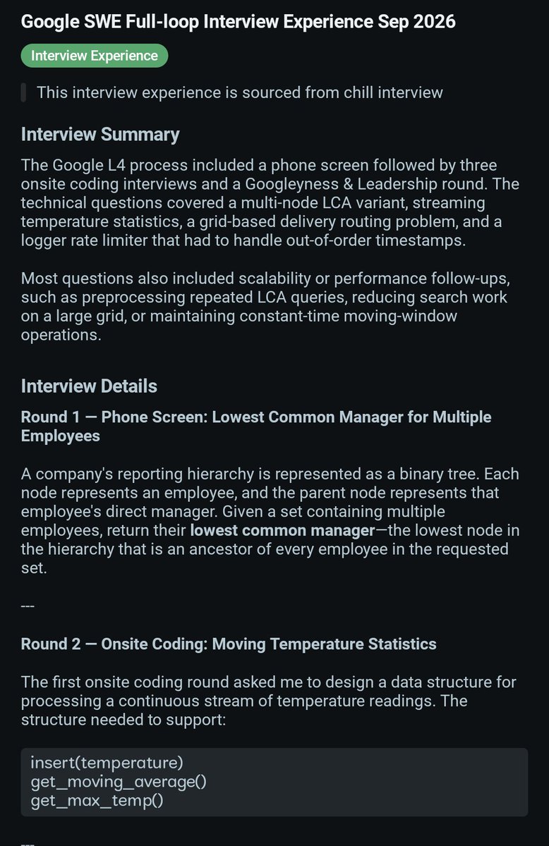 GonnabeNikhil's tweet photo. Google SWE Full-loop Interview Experience Sep 2026. 🍀🥞

Source: https://t.co/pZSPFwwIZk https://t.co/JQsxXHguem