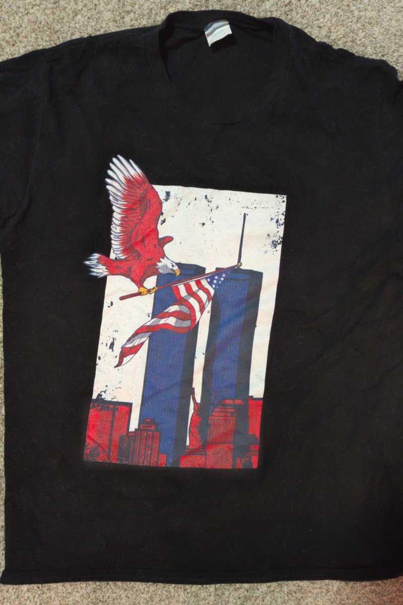 the_posts's tweet photo. Picked up this 9/11 shirt at the thrift store a few months back. 

Makes me think there's a timeline where a giant bald eagle intercepted the planes.

Anti-terrorist Mothra! https://t.co/iVGswEG3HG