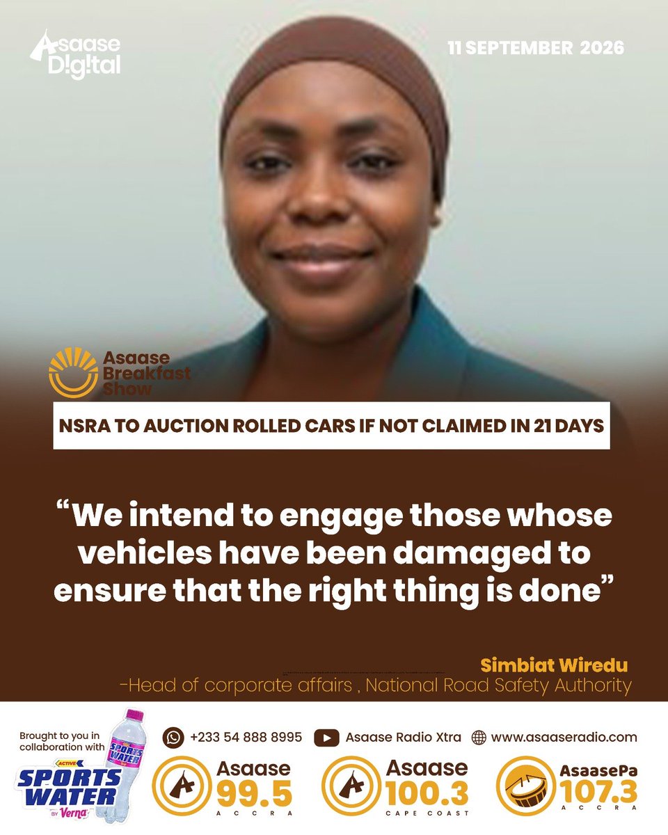 asaaseradio995's tweet photo. “We intend to engage those whose vehicles have been damaged to ensure that the right thing is done”

Simbiat Wiredu-Head of corporate affairs , National Road Safety Authority

#AsaaseBreakfastShow #Asaasenews #AsaaseRadio #AsaaseDigital https://t.co/fMy4Yvr5pF