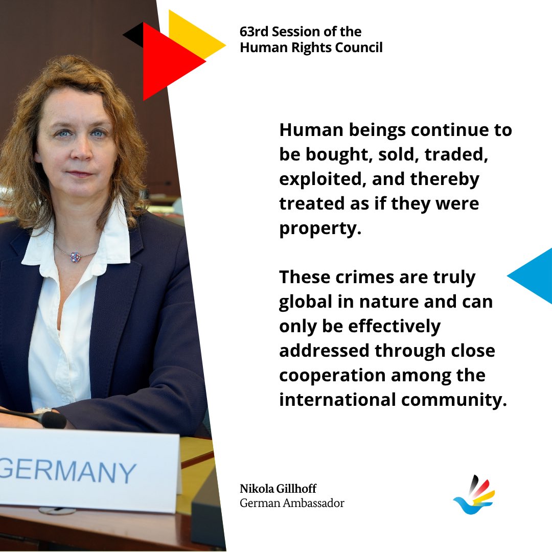 GermanyUNGeneva's tweet photo. At todays’s interactive dialogue with @KLMSchwarz, Germany reaffirmed its support for the Voluntary Trust Fund, emphasising that the fight against contemporary slavery &amp; trafficking requires a human-rights based, survivor centred approach. #HRC63 https://t.co/sZH5zUBRCr