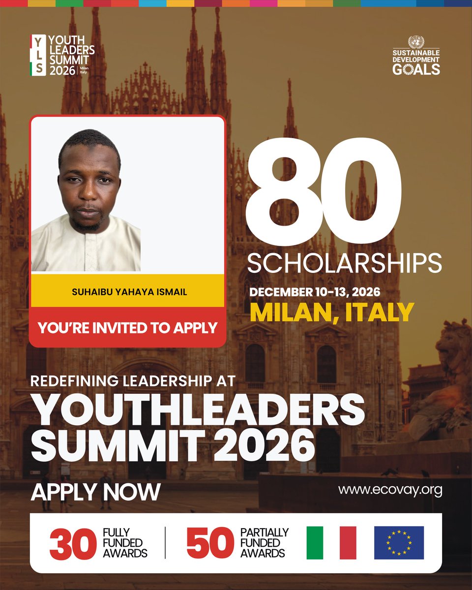 suhayb_yahya's tweet photo. My journey toward Milan begins! 
Excited to have applied for the Youth Leaders Summit 2026, taking place in Milan, Italy, from December 10–13, 2026.
Looking forward to the possibility of connecting with inspiring young leaders, changemakers, and professionals from around the world and becoming part of the growing YLS'26 global community.
Think Global. Connect Beyond Borders. Lead for Impact.
Youth Leaders Summit 2026 | Milan, Italy 
#YLS26 #YouthLeadersSummit #Ecovay #Milan2026 #YouthLeadership #GlobalLeaders #Leadership #Italy