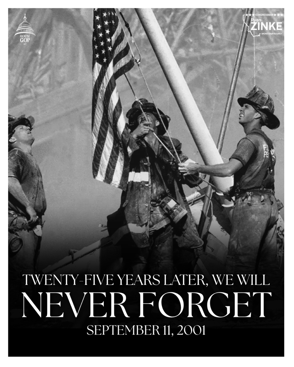 A black-and-white commemorative poster shows three firefighters raising an American flag amid the wreckage of the September 11 attacks. Political campaign logos appear in the top corners, and large commemorative text fills the lower portion.