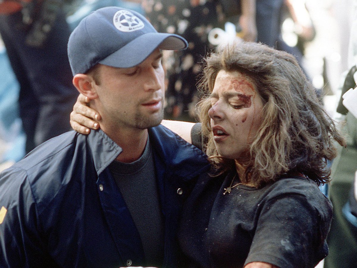 25YearsAgoLive's tweet photo. Donna Spera, who has made it down from the South Tower’s 78th-floor Sky Lobby, describes the scene as a “gore floor.” 

Over 200 people were gathered in the Sky Lobby when the second plane crashed into the South Tower, dousing almost everyone in jet fuel as the ceiling and walls caved in. The room is a “sea of dismembered limbs and heads.” 

One other survivor describes seeing people burning alive, unable to move, begging for death, as he made his way downstairs. 

Spera is covered in burns and is carried from the building.