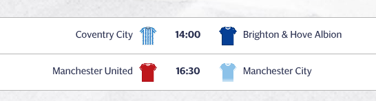 TFFootball's tweet photo. Just two games today, but that includes the Manchester Derby!

Who are you backing? https://t.co/Japivj1T4i