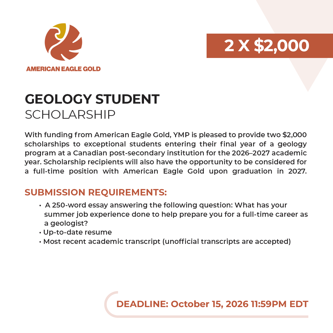YMPToronto's tweet photo. Apply now👉https://t.co/ieTbwOfPa3

Applications are open for the @AmEagleGold Geology Student Scholarship!

With support from American Eagle, YMP will award two $2,000 scholarships to students entering the final year of a geology program at a Canadian post-secondary institution. https://t.co/ZxQzSytxTW