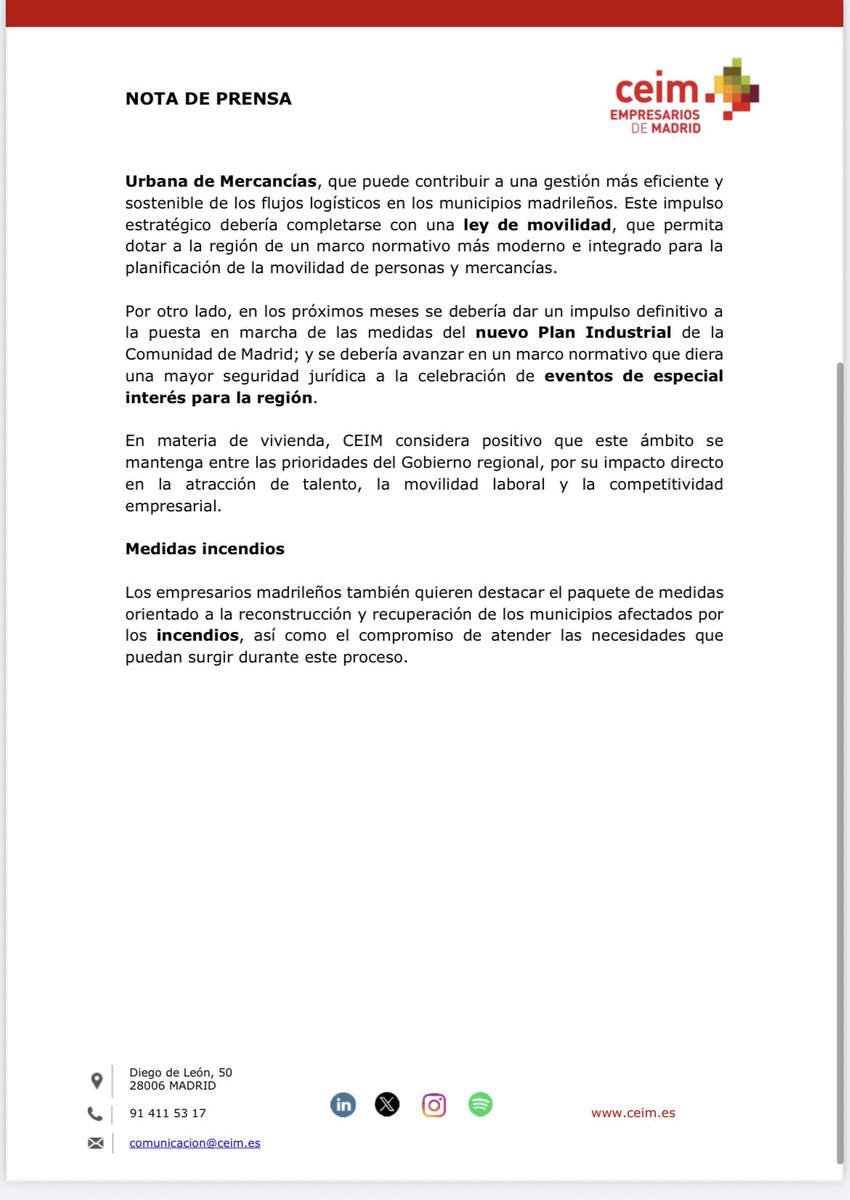 _CEIM_'s tweet photo. #ComunicadoCEIM | Tras analizar las medidas anunciadas por @IdiazAyuso @ComunidadMadrid en el Debate sobre el Estado de la región, #CEIM
destaca las medidas de empleo,
competitividad y simplificación administrativa anunciadas por el ejecutivo regional.

Toda la info 👇 https://t.co/DIlAduYuF6