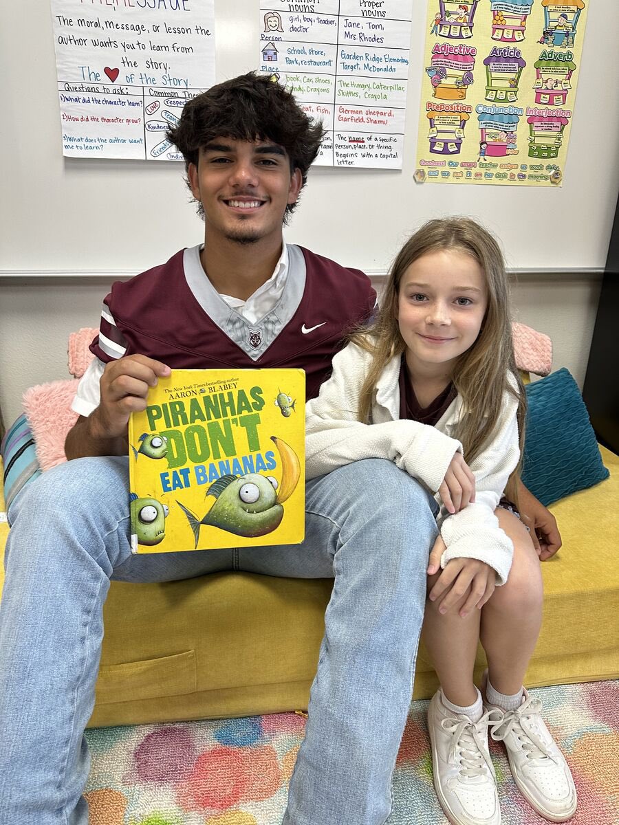 TristanRTorrez's tweet photo. Game Day vs Boerne. 

 We opened doors and read to students at Garden Ridge Elementary this morning. Got to read to my little sister’s class too. @DHSWolvesFB https://t.co/VO7pweI8JK