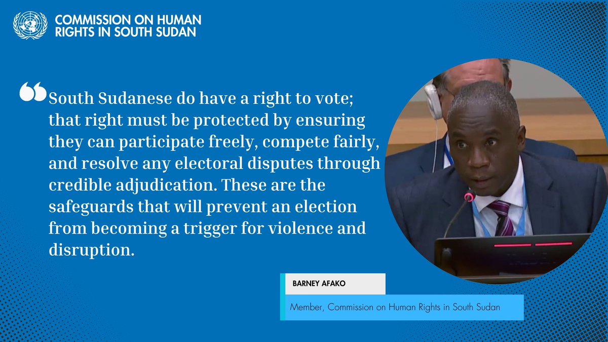 UNCHRSS's tweet photo. 🔵South Sudanese have a right to vote
🔵That right must be protected

As #SouthSudan prepares for elections, voters must be able to participate freely, compete fairly and resolve electoral disputes through credible institutions

Elections must not become a trigger for violence https://t.co/GmWKUoTsP4