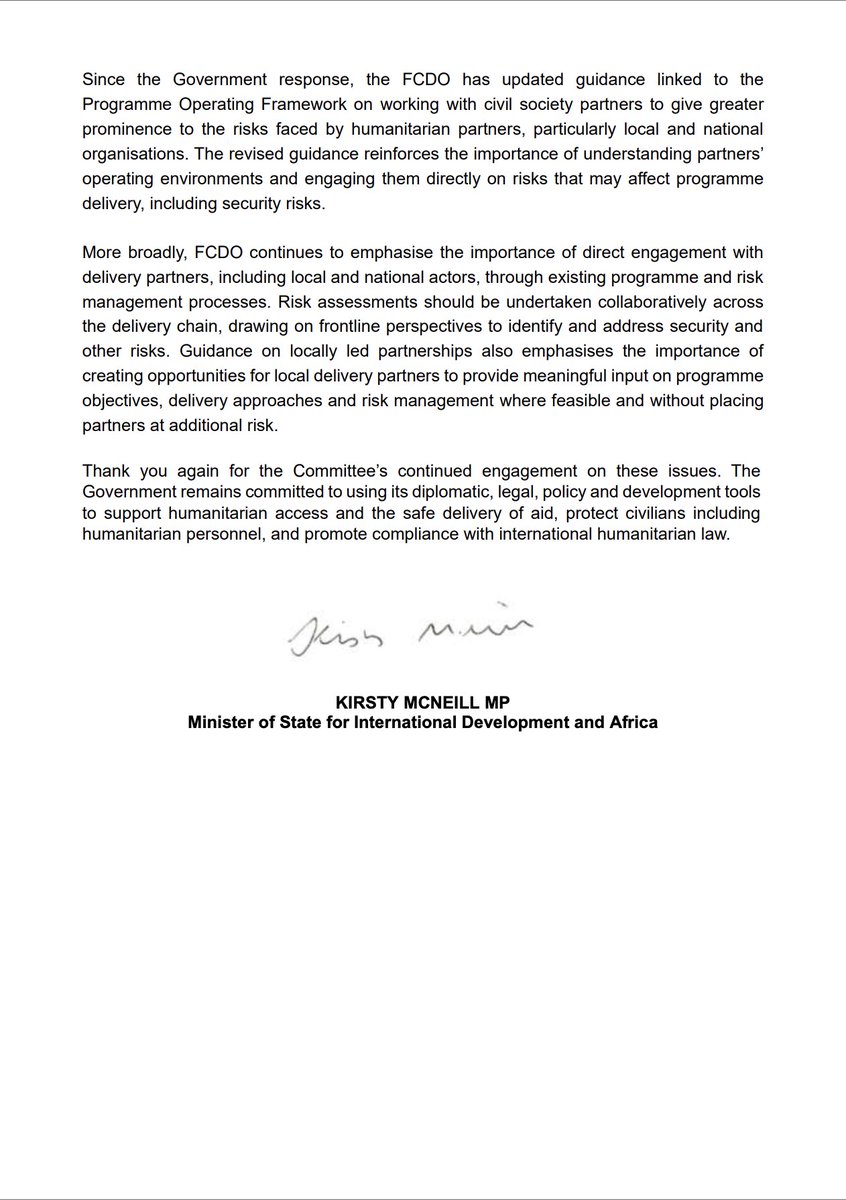 CommonsIDC's tweet photo. We've published a letter from @KirstyJMcneill, Minister for International Development and Africa, to our Chair @SarahChampionMP, marking a year since the Government's response to our report on international humanitarian law and supporting safe aid delivery. https://t.co/sE8rV5tvyG