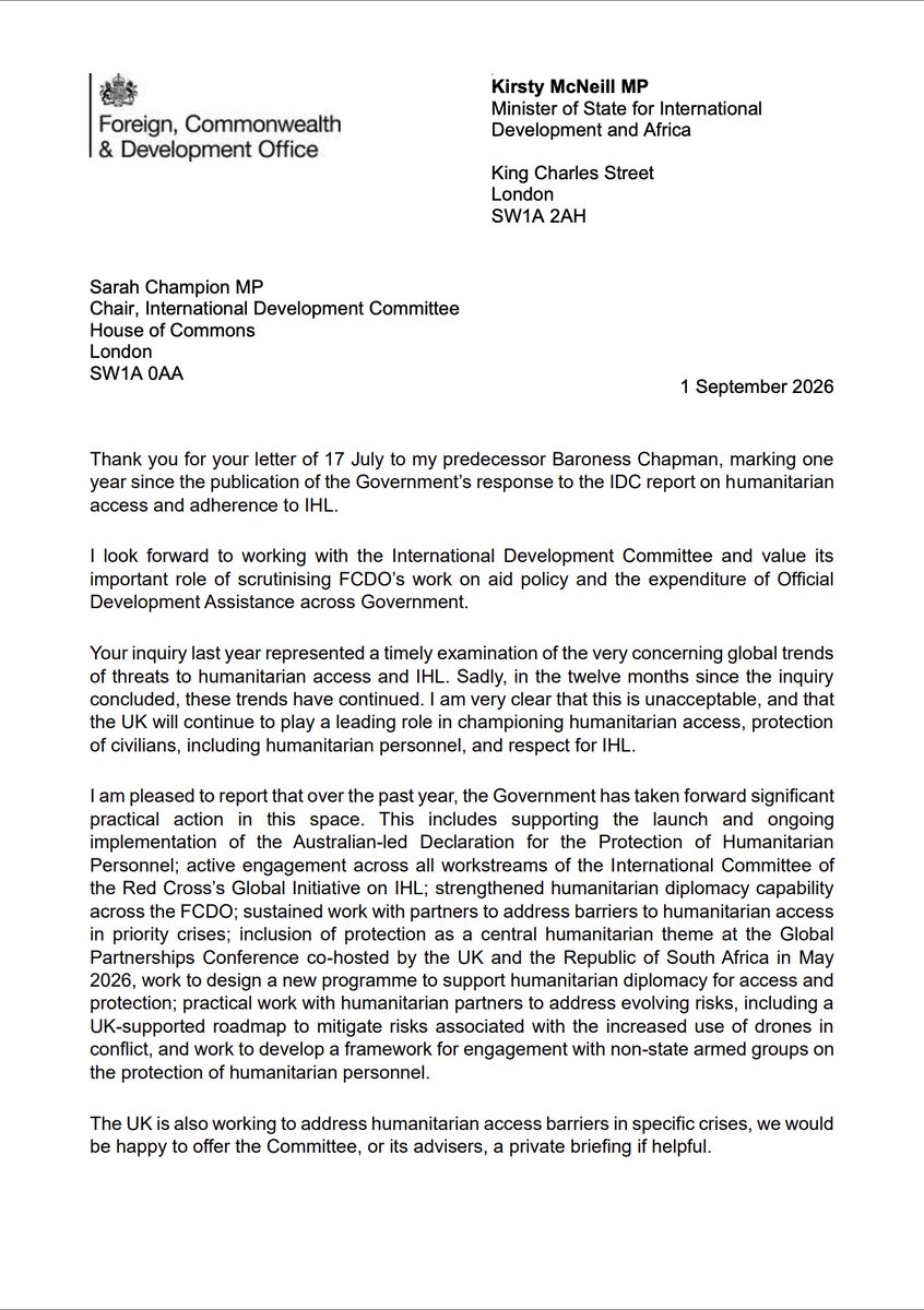 CommonsIDC's tweet photo. We've published a letter from @KirstyJMcneill, Minister for International Development and Africa, to our Chair @SarahChampionMP, marking a year since the Government's response to our report on international humanitarian law and supporting safe aid delivery. https://t.co/sE8rV5tvyG