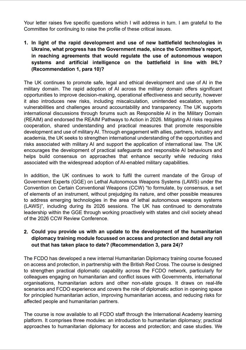 CommonsIDC's tweet photo. We've published a letter from @KirstyJMcneill, Minister for International Development and Africa, to our Chair @SarahChampionMP, marking a year since the Government's response to our report on international humanitarian law and supporting safe aid delivery. https://t.co/sE8rV5tvyG