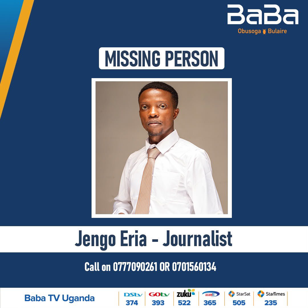877babafm's tweet photo. MISSING PERSON
.@babatvuganda journalist Jjengo Eria is missing!
He was last seen yesterday, 10 Sept 2026, at around midday leaving the BABA TV premises in Ntinda, as captured on the office CCTV cameras.
If you have information about his whereabouts call 0701560134 or 0777090261. https://t.co/tv3Fc68eXt