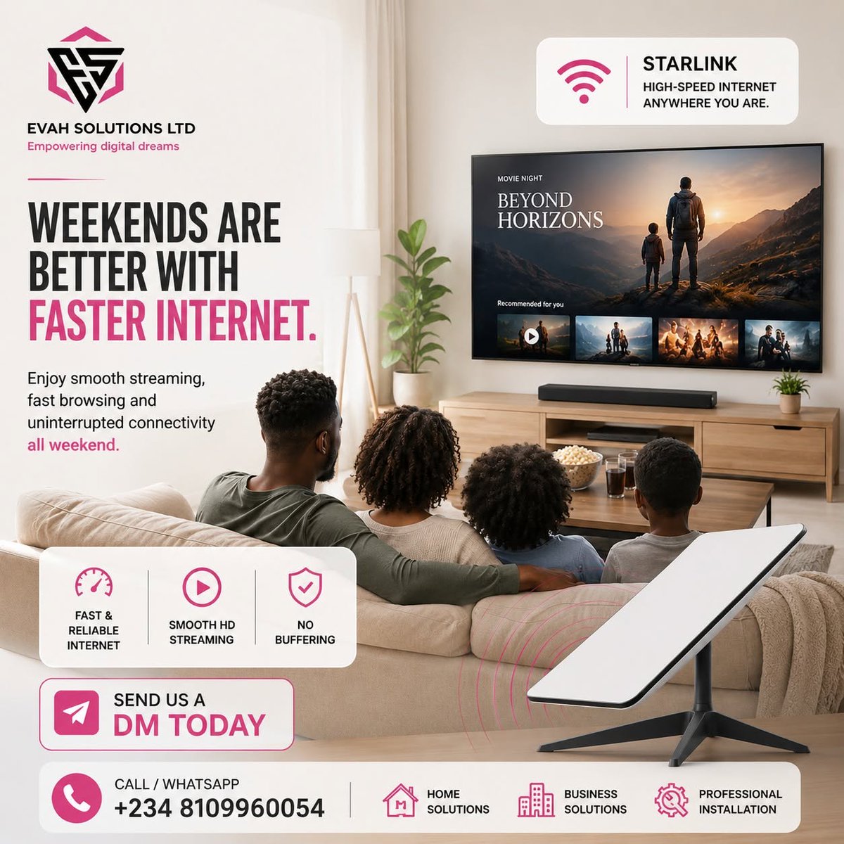EvahSolutions's tweet photo. Weekends are for streaming, gaming, football, movies, and staying connected, not waiting for your internet to catch up.

Upgrade to Starlink and enjoy fast,internet with no buffering.

DM us today to get your Starlink installed.

📞 Call/WhatsApp: +234 810 996 0054 https://t.co/GSXQPi8u9u