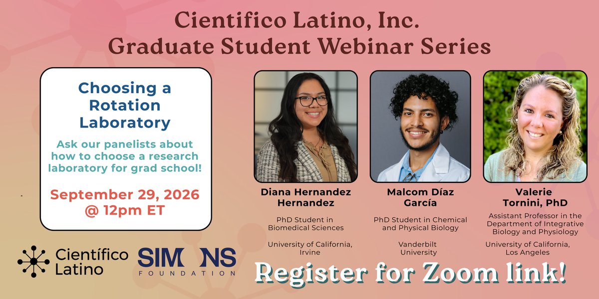 cientificolatin's tweet photo. 🧬🔬 How do I pick a research laboratory in graduate school and choose the right research advisor?⁠
⁠
Científico Latino Academy's Graduate Student Webinar Series presents:⁠ "Choosing a Rotation Laboratory"⁠
⁠
📅 Tuesday, September 29h at 12pm ET⁠
⁠
This panel brings together doctoral students and a faculty principal investigator to share their experiences and strategies for choosing a rotation laboratory in graduate school. ⁠
⁠
Panelists will discuss how they identified labs to rotate in, how they evaluated mentorship style, lab culture, and funding stability during a rotation, and how they decided whether to join a lab including what a PI looks for in a strong student-lab match.⁠
⁠
🔗 Register here: https://t.co/dIF6hBcaBl⁠
⁠
#CientificoLatino #CLAcademy⁠