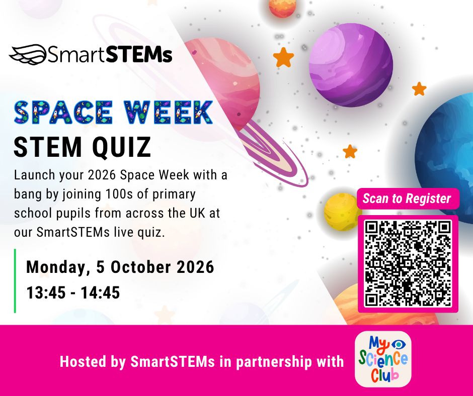 SmartSTEMs's tweet photo. Launch your 2026 Space Week by joining 100s of primary school pupils across the UK at our FREE STEM quiz, hosted in partnership with @My_ScienceClub.

Register here for FREE : https://t.co/aQ8rXgfGee or scan the QR code in the post below.

@Tree_Of

#SmartSTEMs #CollabIsKey https://t.co/qeR8e4wLTd