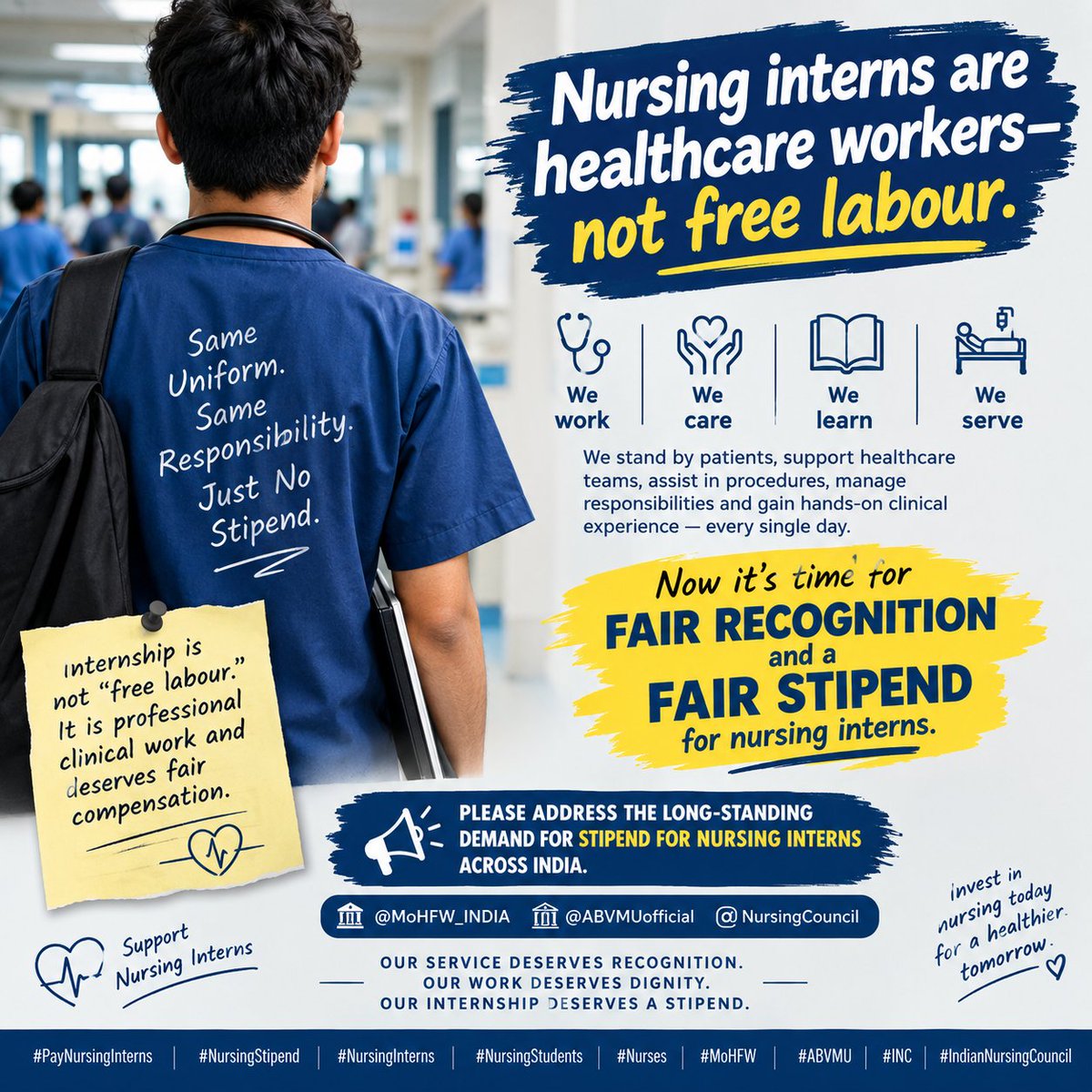 I_siddharth_v's tweet photo. Nursing interns are healthcare workers—not free labour.” 🩺
We work, we care, we learn, we serve.
Now it’s time for fair recognition and a fair stipend for nursing interns.
Please address the long-standing demand for stipend.
#Up_Nursing_Intern_stipend https://t.co/2fMqv0Ni7b