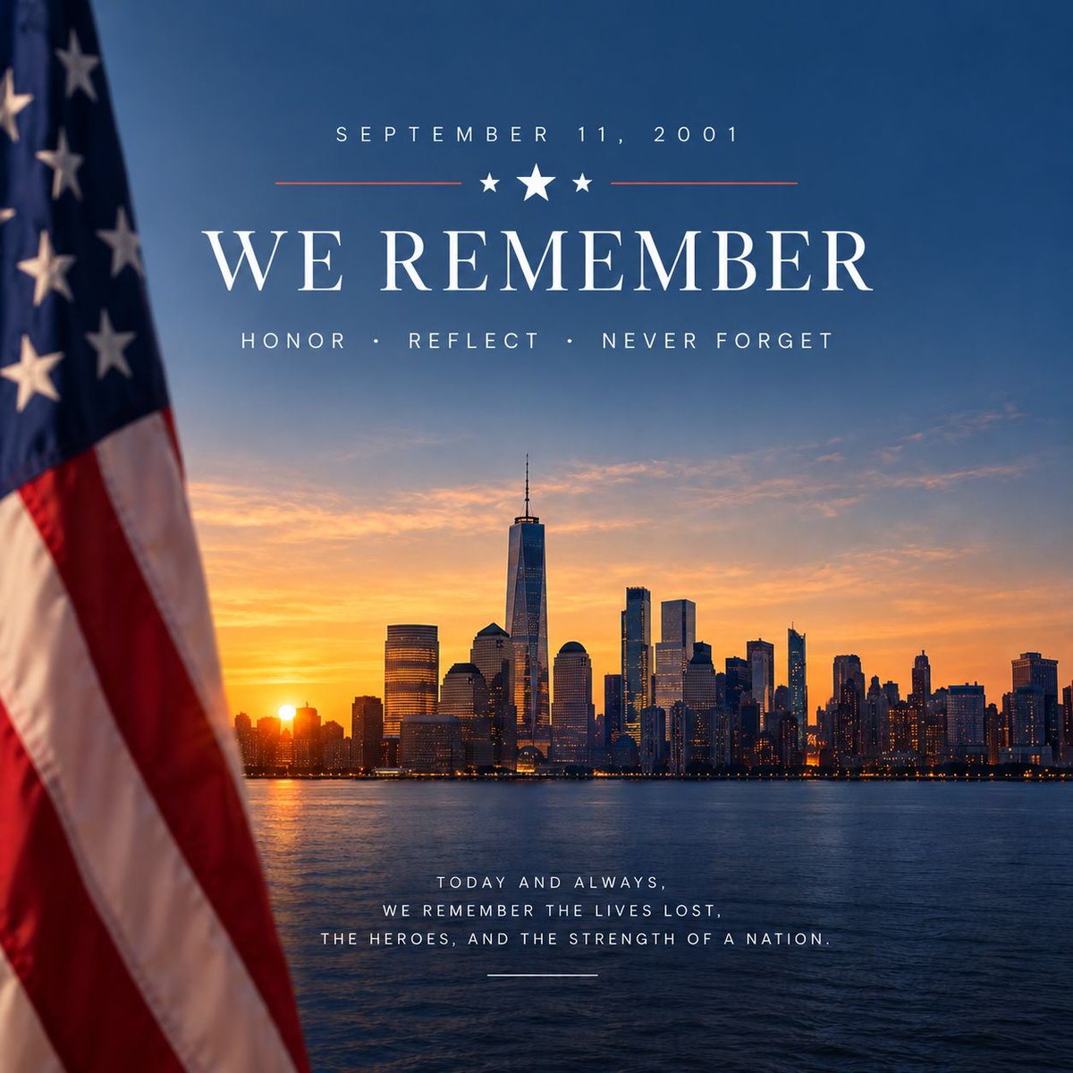 windlock's tweet photo. On this September 11, we pause to remember the lives lost, honor the courage of the first responders and everyday heroes, and reflect on the strength and unity shown in the days that followed.
 
We will never forget! https://t.co/xs3jZVIwVu