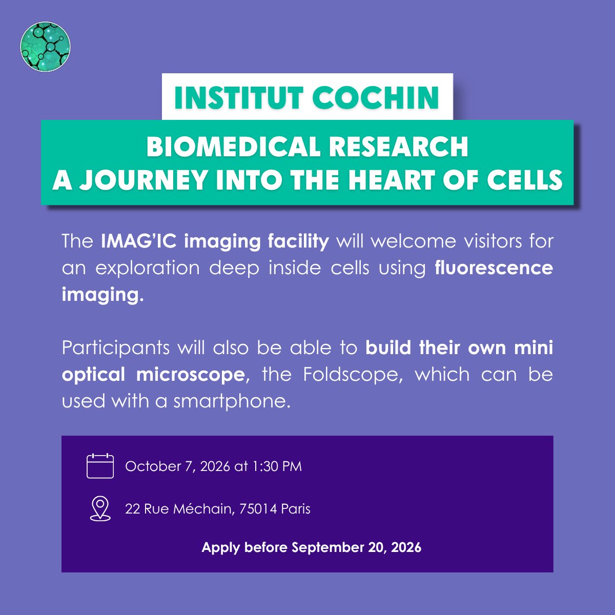 Fr_BioImaging's tweet photo. Discover imaging through the CNRS “Visites Insolites” 2026

In October, 4 FBI members will open their doors to the general public!

On the programme: hands-on activities and demonstrations to reveal the hidden world around us.

Registration links here ➡️ https://t.co/ClFdoTqDVc https://t.co/nIw0SQFOgC