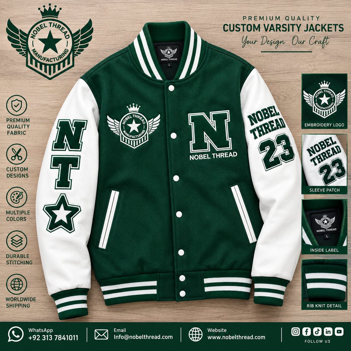 Nobelthreads's tweet photo. Men’s Varsity Jackets 🧥 | Premium quality, custom colors, logos &amp; embroidery. OEM &amp; private label available. 🌍 Worldwide shipping. 
📲 +92 313 7841011 | 

🌐 https://t.co/LM0VEBuDeD
Info@nobelthread.com 
#VarsityJacket #MensFashion #Streetwear #CustomJackets #NobelThread https://t.co/GgypVAZfRh