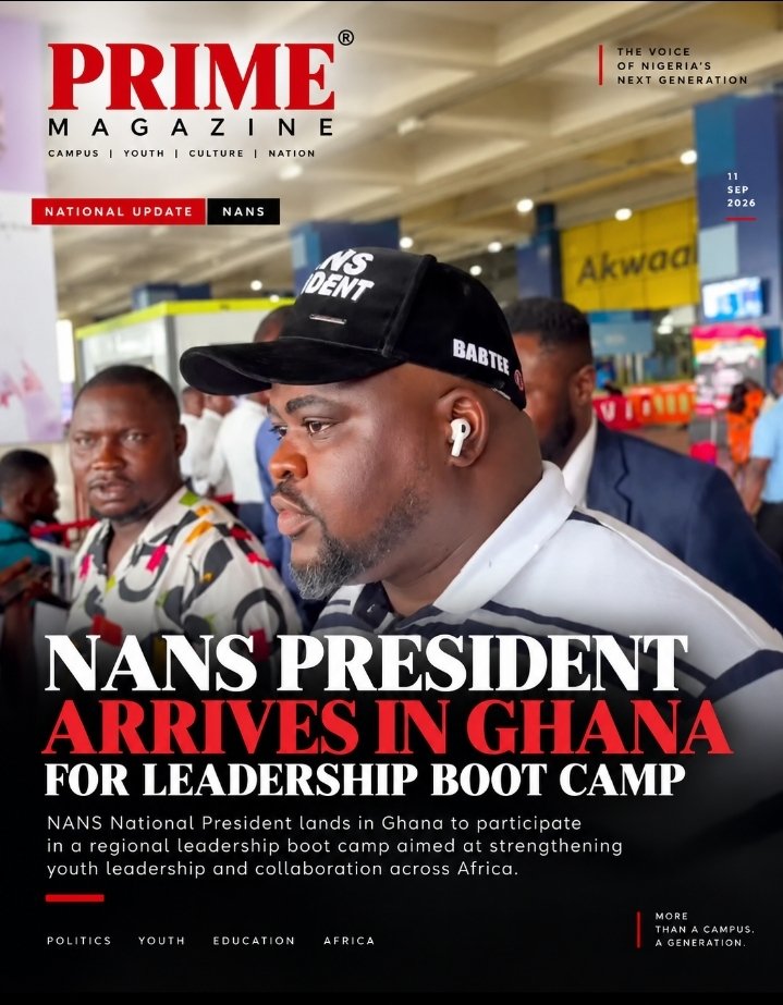 Prime_magazine_'s tweet photo. NANS President Arrives in Ghana for Leadership Boot Camp 

NANS National President Akinteye Babatunde (Babtee) has arrived in Ghana to participate in a leadership boot camp focused on youth leadership, development, and collaboration.
#PrimeMagazine #NANS  #StudentLeadership https://t.co/EsnzM2Sfbp
