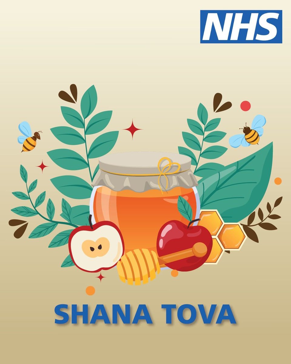 Jar of honey surrounded by apples, honeycomb, bees, and green leaves with 'Shana Tova' greeting and NHS logo on beige background.