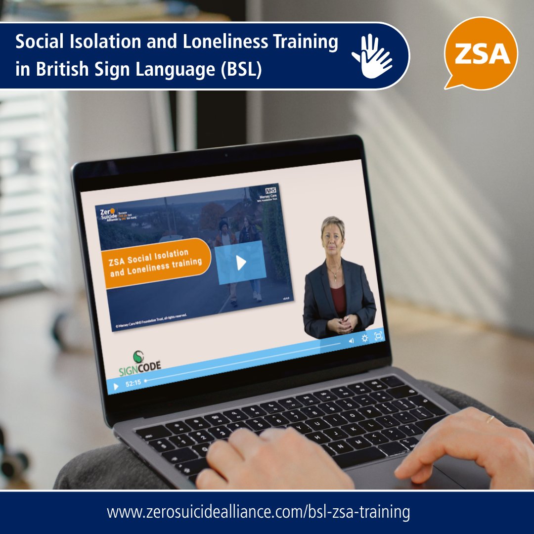 Laptop screen showing a British Sign Language video on social isolation and loneliness training by Zero Suicide Alliance.