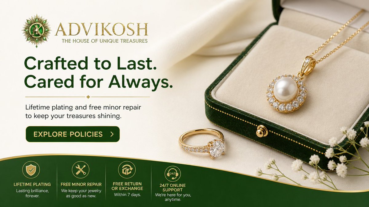 Advikosh's tweet photo. Luxury jewelry deserves clear policies.

Advikosh links lifetime plating and free minor repair policies on its website.

Review the details at https://t.co/2HdWohwl1P. https://t.co/pxAPkWZve4