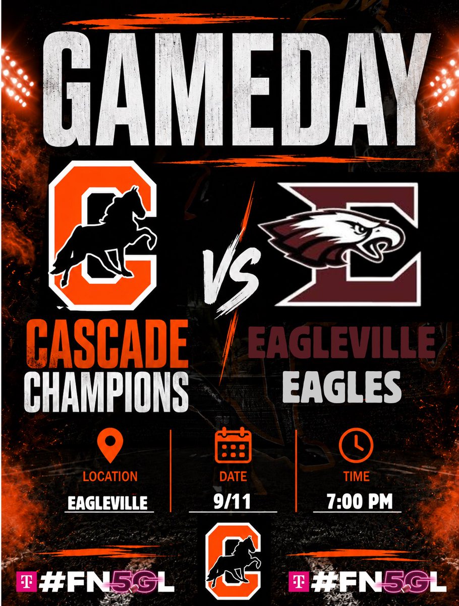 CascadeChampsFB's tweet photo. GAMEDAY! Join us in Eagleville at 7:00PM as we take on The Eagles! 

The Battle for the T-Mobile Grand Prize! One team has a brand new paid in pull turf field and the other team is the Cascade Champions!

@tmobile #FN5GL #entry https://t.co/r3t6P0Qlbj