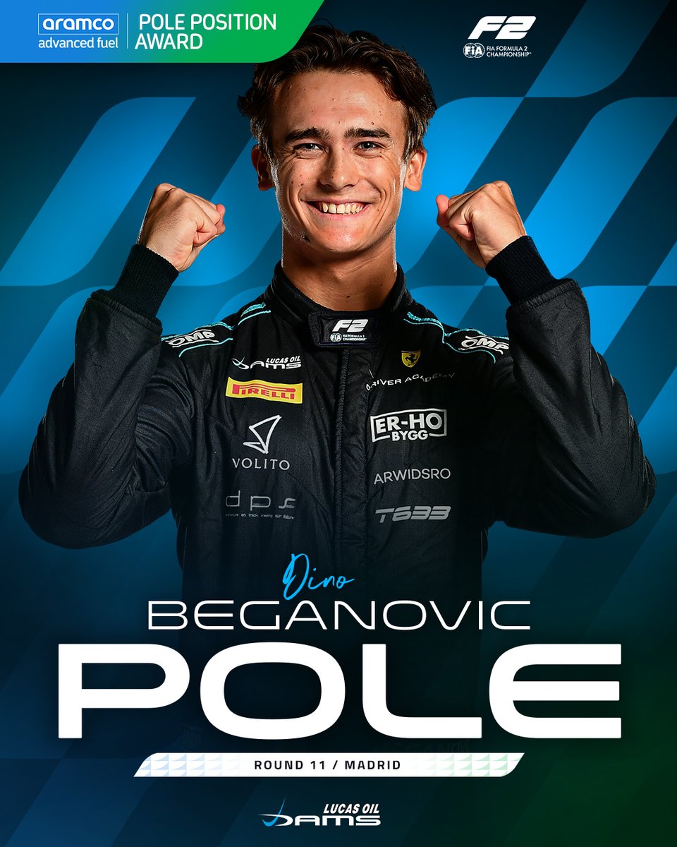 Formula2's tweet photo. DINOOOOOOO!! 🦖🥇

Dino Beganovic claims the first @aramco pole position at the Madring ✨

#F2 #SpanishGP https://t.co/slDgzeaBon