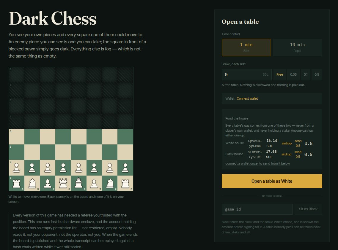 Vedansh_S1's tweet photo. Missed the Blitz submission deadline, but still wanted to share what I built.

Umpire is an SDK for building private, verifiable multiplayer games.

The basic idea is that players shouldn’t have to fully trust a centralized server with the rules, hidden game state, or the final outcome.

Umpire handles things like deterministic game logic, private views for each player, match flow, replays, reveal, verification, and settlement.

I built Dark Chess as the first demo. It’s fog of war chess, so you only see the parts of the board your pieces can actually see.

After the game, the full state and transcript can be revealed and replayed to verify that the result was legit.

Dark Chess is just the first example. The bigger goal is to make Umpire useful for all kinds of private multiplayer games.

Play: https://t.co/dHkClIIlDD
Repo: https://t.co/IHPSsGv3uT

@magicblock  @solanagaming