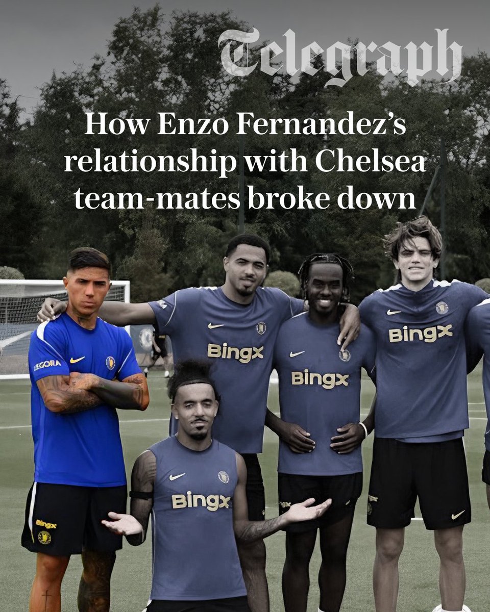 TeleFootball's tweet photo. Chelsea received two written transfer requests from Enzo Fernández during an extraordinary saga in which the club were told that the midfielder’s relationship with all his team-mates was broken.

Following his switch to Manchester City, it was noticeable that none of the Chelsea players who have remained at the club this season publicly wished Fernández good luck.

@Matt_Law_DT how Fernández's relationship with his Chelsea team-mates broke down ⤵️
https://t.co/ZDwSNPOs8n